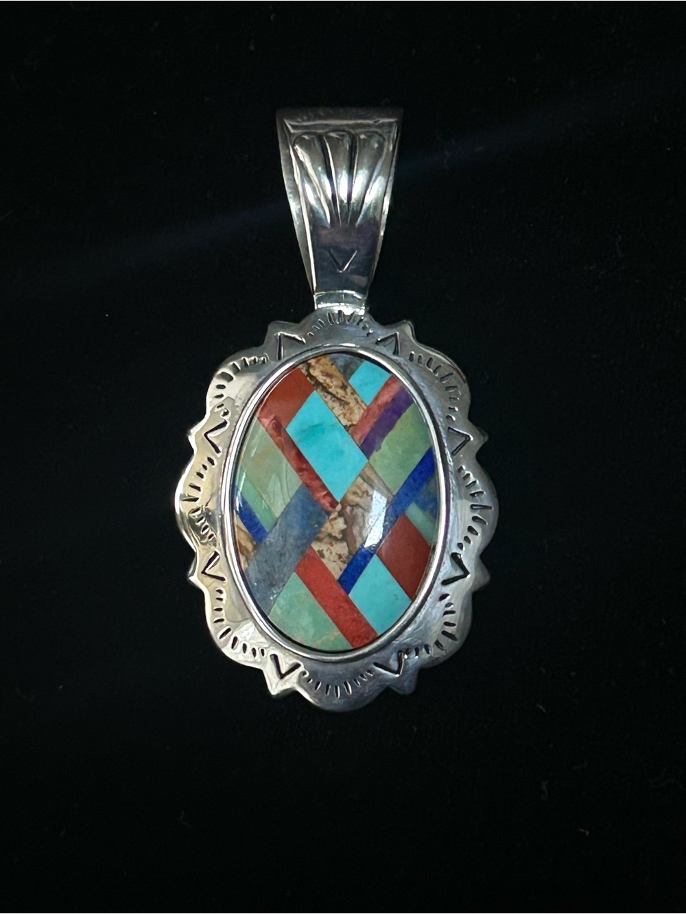 Shube Sterling Silver Navajo Mosaic Inlay Oval Pendant, #20786, 24g.